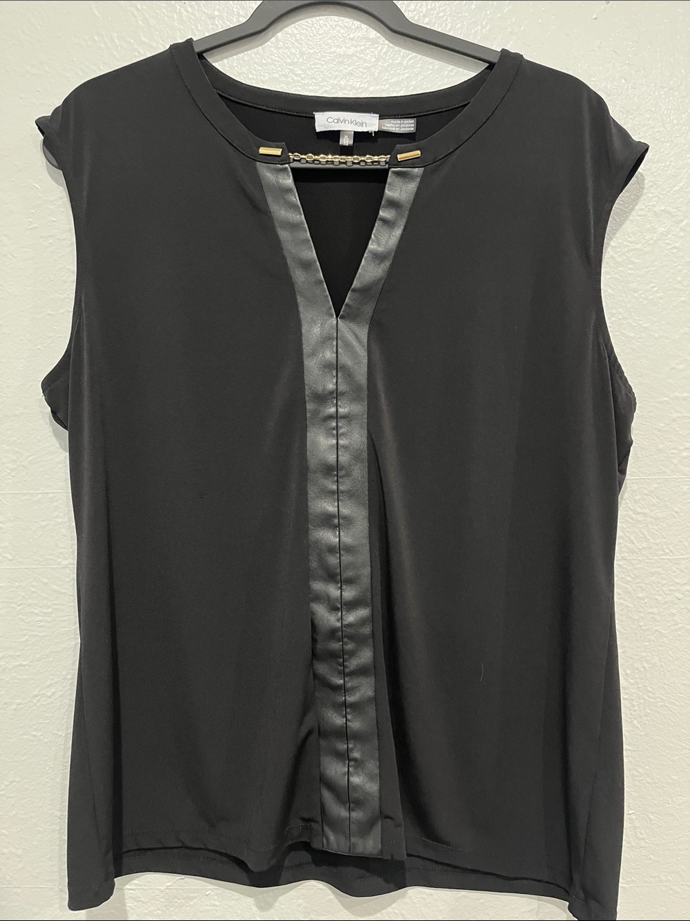 Calvin Klein Black Sleeveless V-Neck Camisole with Faux-Leather Trim